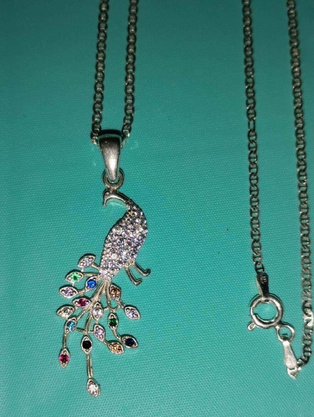 Sterling Silver Peacock Pendant Necklace with Multicolor Stones - Picture 3 of 5
